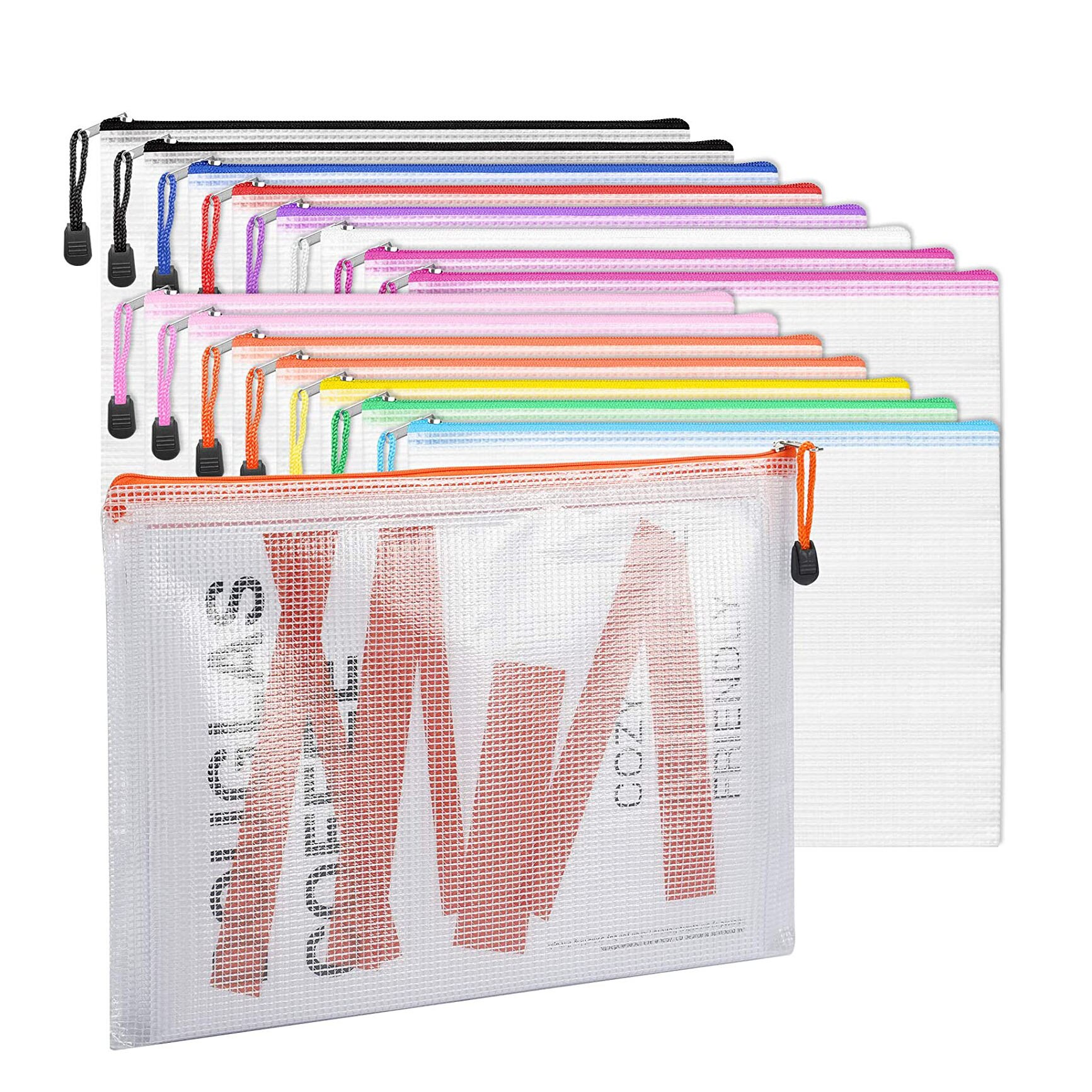 5Pcs Transparent A4 Size Mesh Zipper Plastic Folder ,Desk Paper Pencil Document Organizer Storage Bag Waterproof Stationery