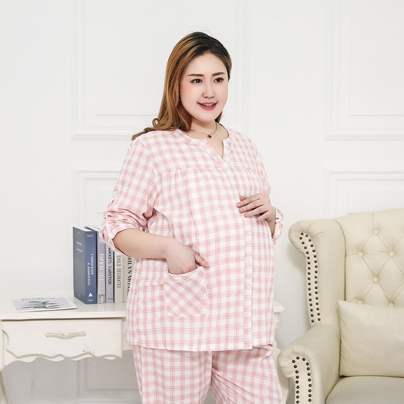 Sommer damer pyjamas plaid indespærring bomuldstøj gravide kvinder mor hjemmetjeneste 3xl-6xl løst tøj: Lyserød / 3xl