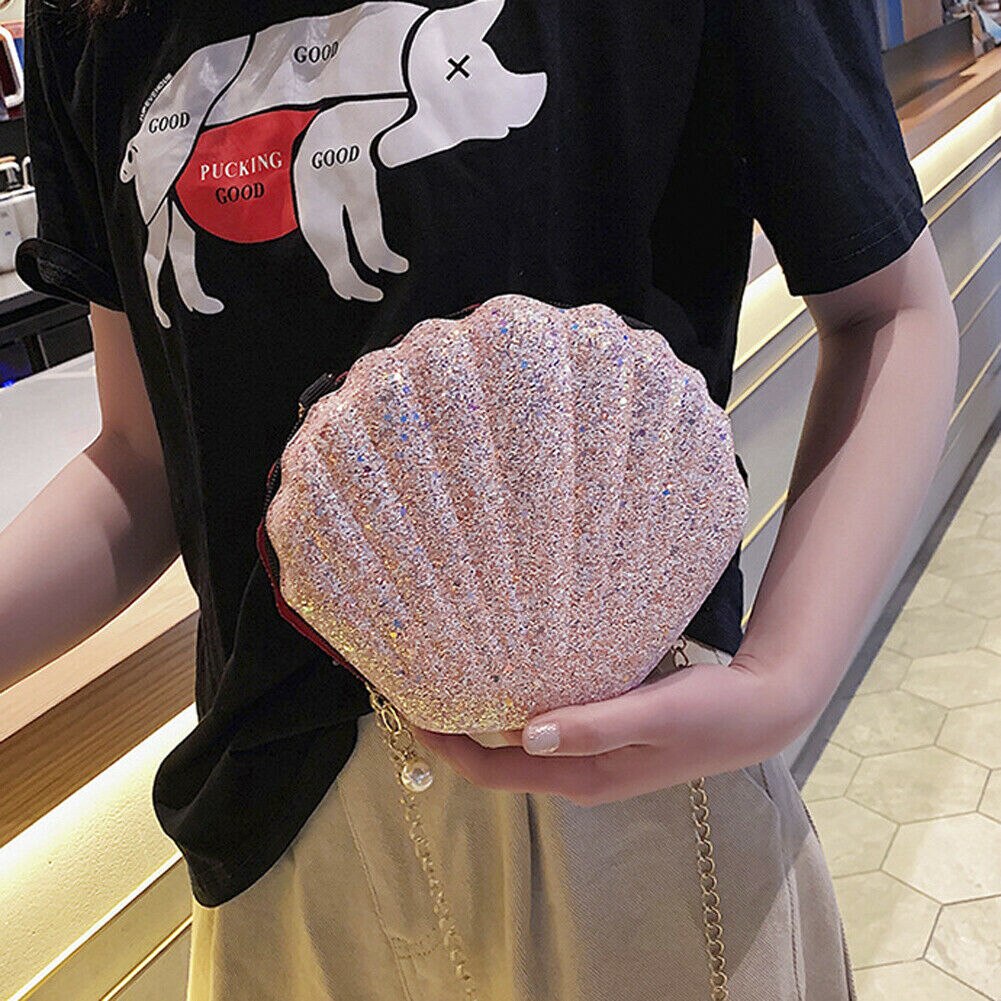 Vrouwen Meisje Glitter Sequine Shell Vorm Messenger Bags Dame Zomer Strand Pu Handtas Cross Body Schoudertas portemonnee