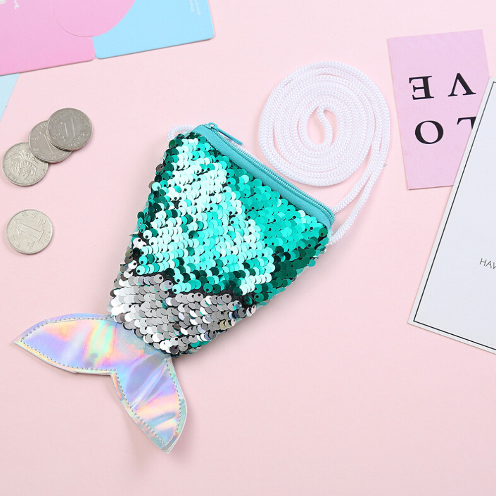 Small Coin Purses Sequins Children Handbags Zipper Panelled Fish Shape Wallets Cute Pouch Key Packet Handbag Women Girls: Green
