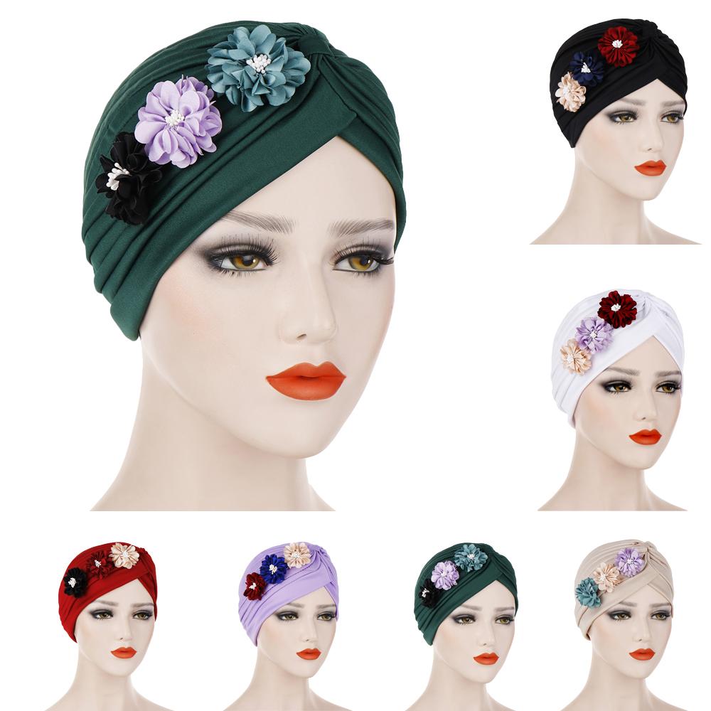 Gorro musulmán para mujer, plisado turbante con flores, sombrero Árabe para el cuidado del cabello, gorros contra el cáncer, gorro islámico, pañuelo para la cabeza, pañuelo árabe para la caída del cabello