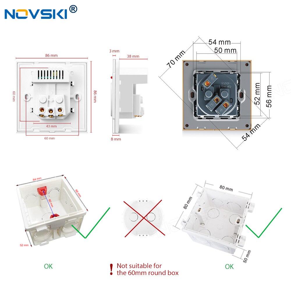 Novski pop socket frans stopcontact , eu 16a stopcontact voor elektrische franse stekker 110-250v,  wit, zwart, goud , 86*86mm