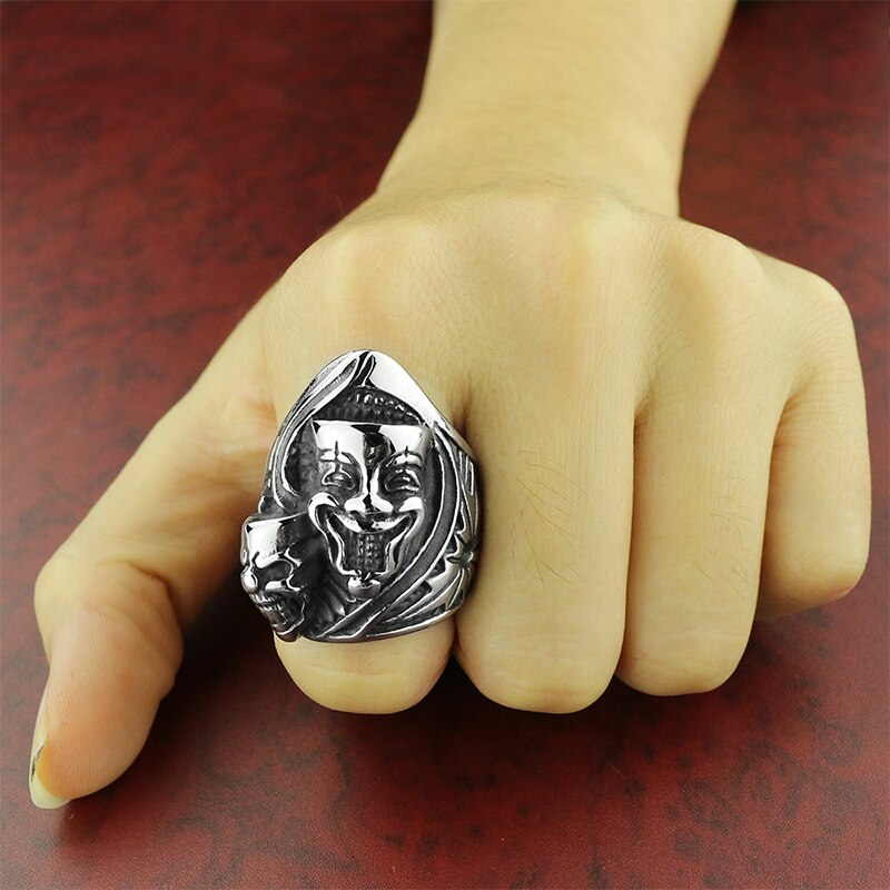 Vintage Gothic Big And Small Clown Skull Ring Men Boys Huge Stainless Steel Biker Rings Male Heavy Metal Punk Rock Jewelry