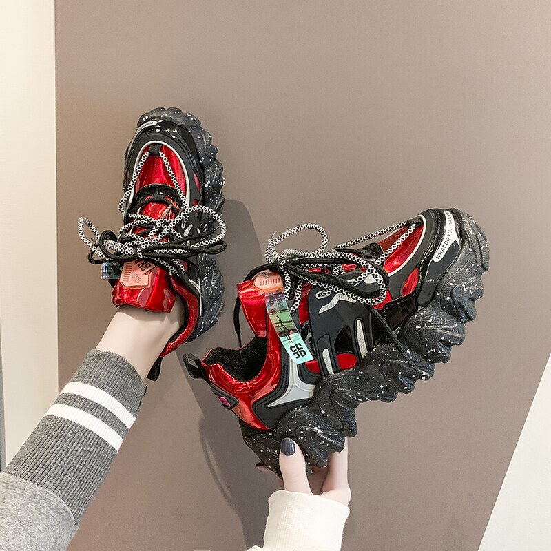 Kevät syksy nainen paksu alusta lenkkarit ulzzang nauhalenkit tenis naisten isä vapaa-ajan kengät: Punainen / 6.5