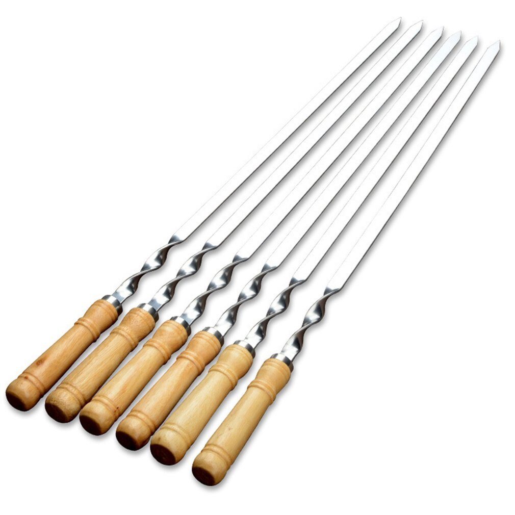 55Cm Bbq Spiesjes Lange Handvat Shish Kebab Barbecue Grill Stok Hout Bbq Vork Rvs Buiten Grill Naald 6 stuks