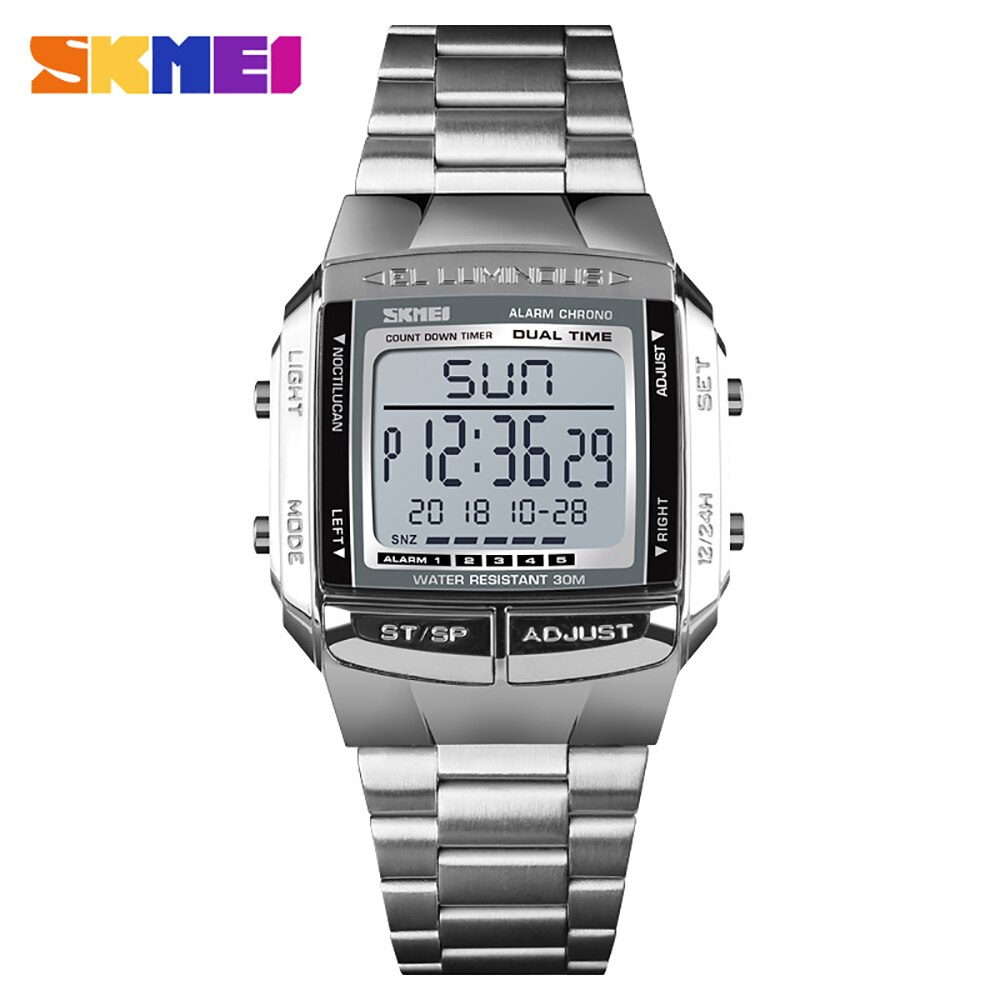 SKMEI1381Männer Analog Digital Uhr Sport Armbanduhr 2 Lässige Zeit 5 Alarm 3ATM Wasserdichte Edelstahl Armbinde Hintergrundbeleuchtung