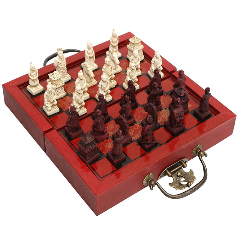 Chess Antique Three-dimensional Chess Resin Piece Small Folding Chess Board Set Travel Entertainment Parent-child: Terracotta Warriors