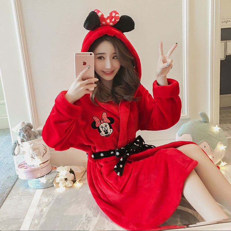 Winter Bathrobe Women Pajamas Bath Flannel Warm Robe Sleepwear Womens Robes Coral Velvet Cartoon Lovely Nightgowns Homewear