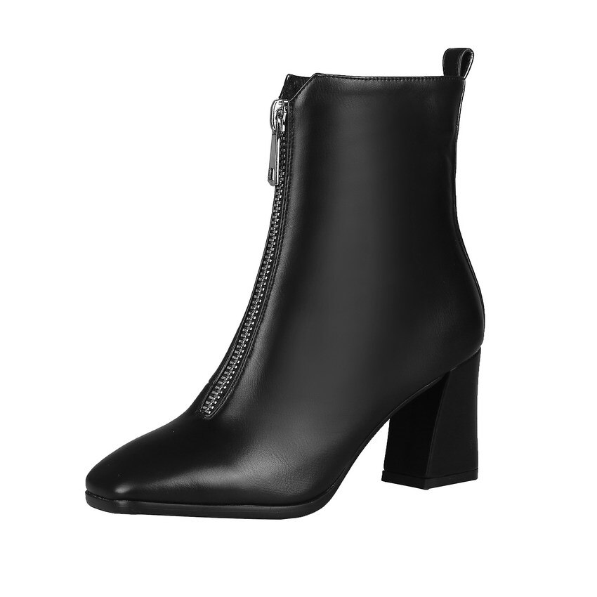 Qutaa Vrouwen Enkellaarsjes Vierkante Hoge Hak Winter Laarzen Mode Vrouwen Schoenen Pu Leer Rits Casual Vrouwen Laarzen Maat 34-43: Black / 9