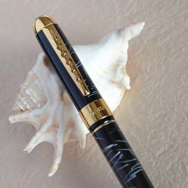 FOUNTAIN PEN 18KGP MEDIUM NIB JINHAO 250 BLACK WITH WIHITE STRIPS GOLDEN TRIM