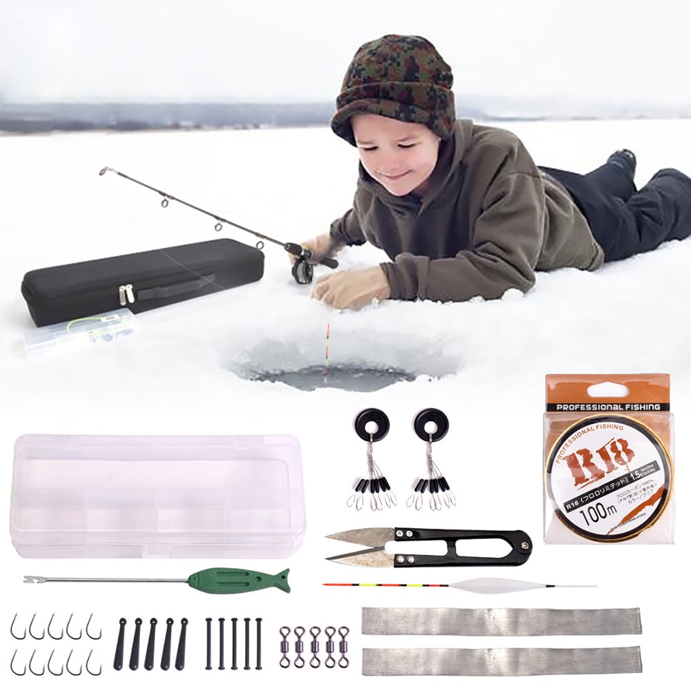 With Box Accessories Scissor Tool Solid Fiberglass Winter Outdoor Rod Reel Durable Combo Kit Ice Fishing Set