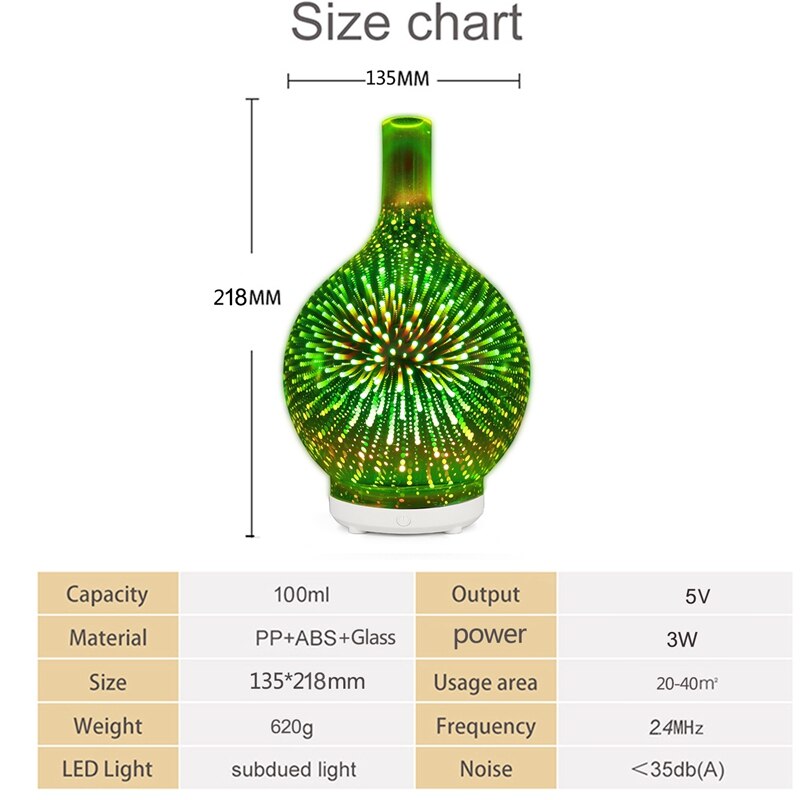 3d vuurwerk glazen usb luchtbevochtigers met 7 kleuren led nachtlampje aroma etherische olie diffuser koele mistmaker voor thuiskantoor