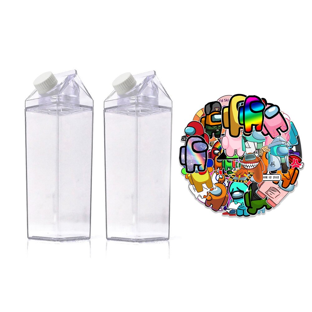 Melk Karton Water Fles 17Oz/34Oz Meisje Vsco Bpa Gratis Plastic Clear Vierkante Dozen Voor Vrouwen 2 stuks Met 50 Stuks Stickers: 500-1000ml / AMONG US STICKERS