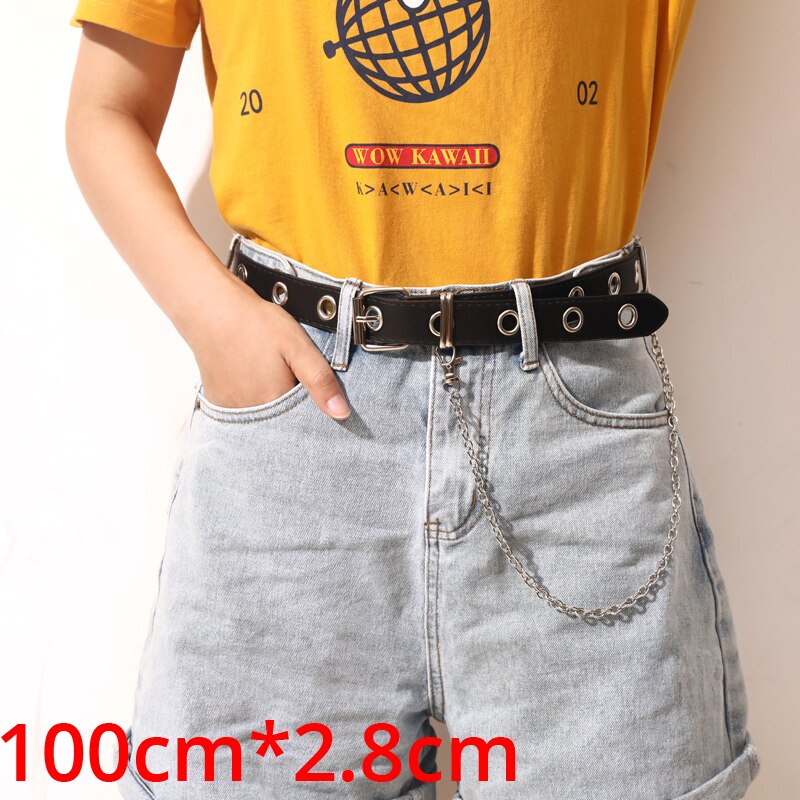 Moda feminina cinto de couro do plutônio novo estilo punk ajustável pino fivela preto bts feminino decorativo livre tamanho grommet cinta 152: one row with chain