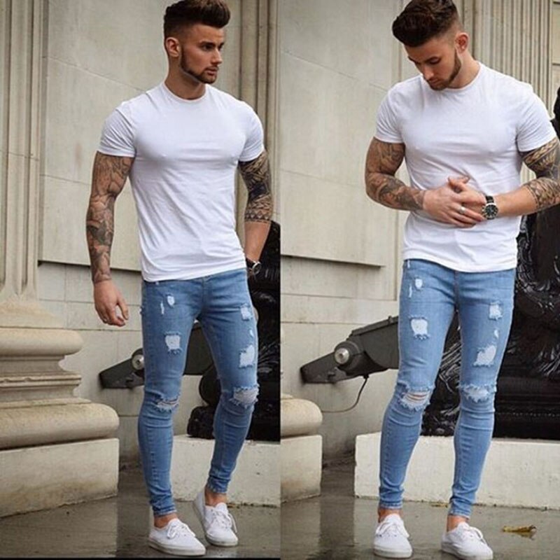 Stretchy Jeans Men Skinny Distressed Biker Jeans Destroyed Taped Slim Fit Denim Pencil Pants Ripped Jeans Light Blue