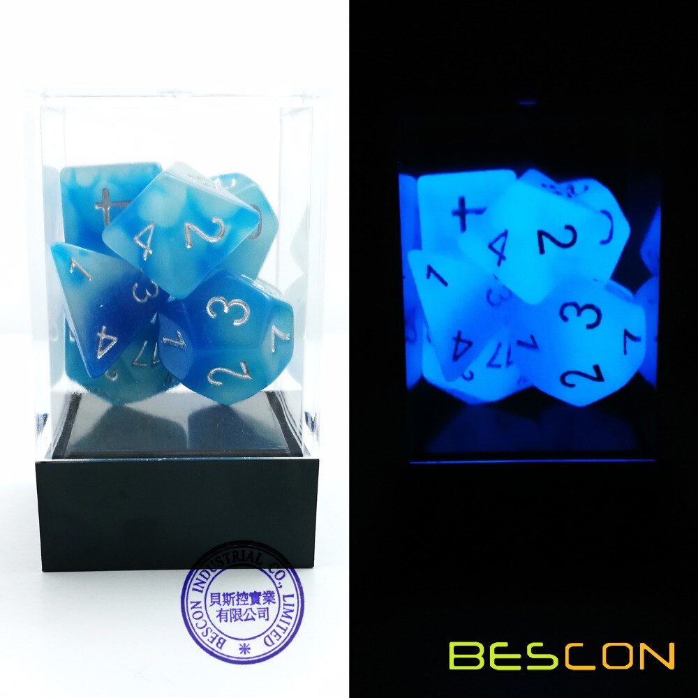 Bescon Gemini Gloeiende Polyhedrale Dobbelstenen 7 Pcs Set Icy Rotsen, lichtgevende Rpg Dobbelstenen Set D4 D6 D8 D10 D12 D20 D %, Bakstenen Doos Verpakking