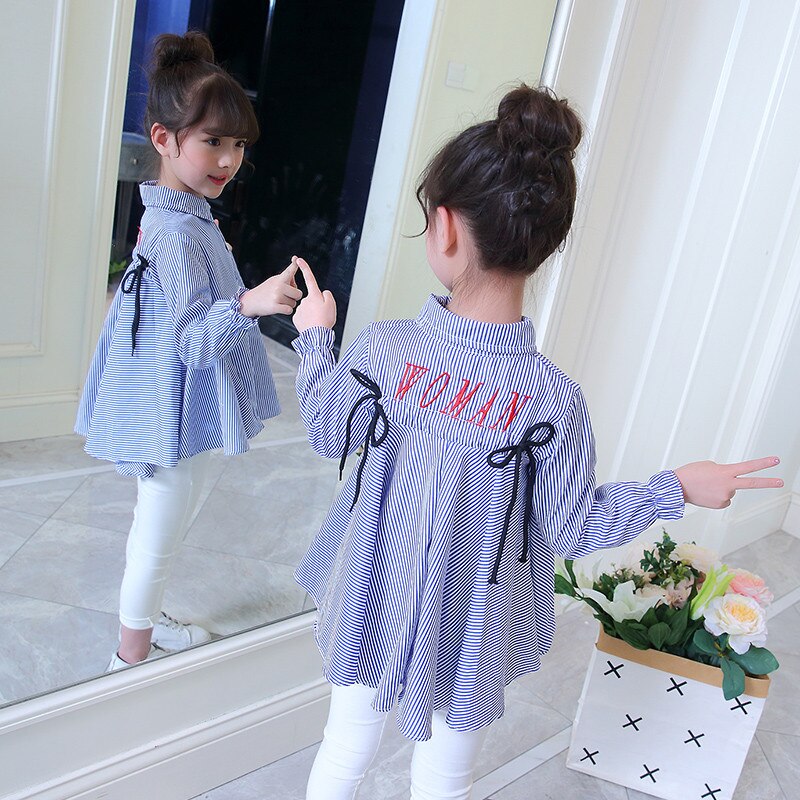 Camisa a rayas de manga larga para niña, Tops de algodón, blusa para niño, ropa para niño, de 3 a 11 años, 2022: Azul / 5