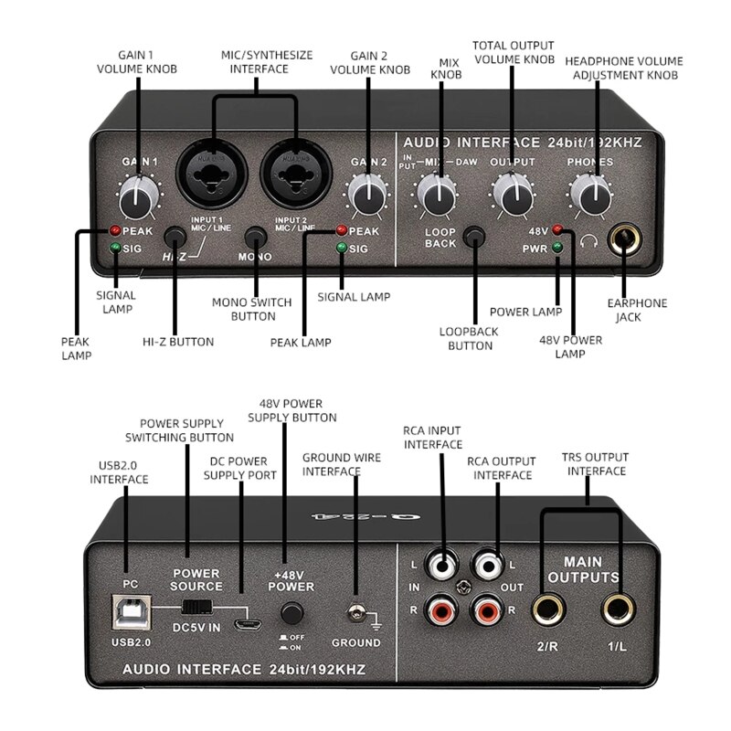 Scheda audio Stereo professionale porta usb 2.0 ad alta velocità scheda audio con telaio metallico a 24 Bit/192 KHz porta RCA ,TRS, porta usb 2.0