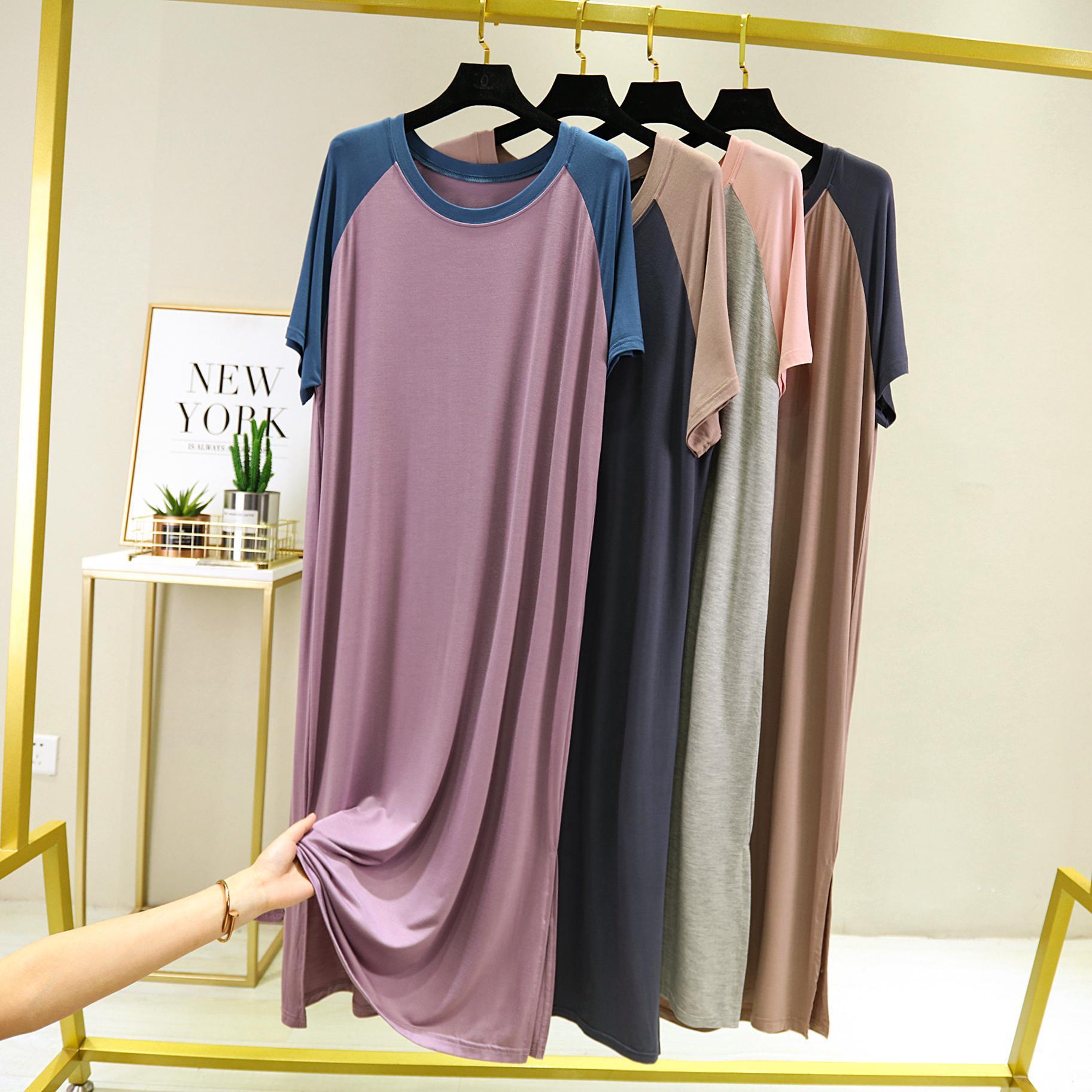 Modal Plus Size Long T Shirt Nightie Nightgowns For Women Short Sleeve Fluffy Nightshirt For Old Lady Elderly Sleep Gowns Dress
