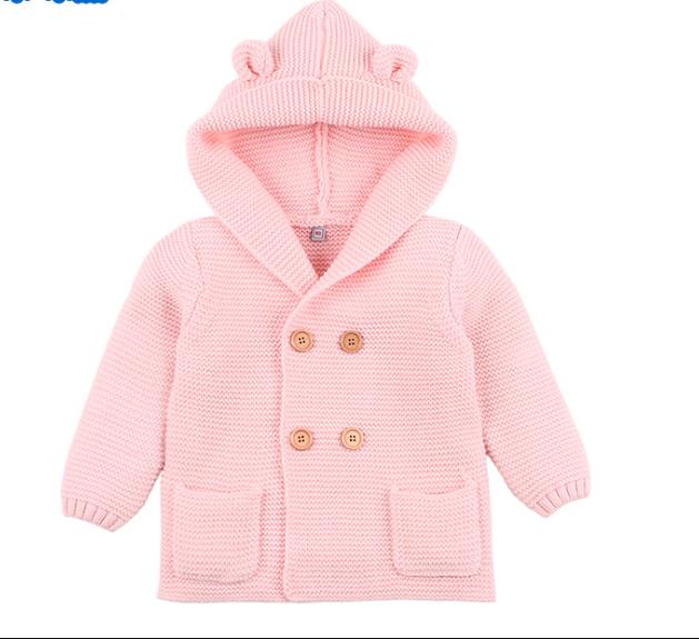 0-24M Babys Boy Girl Winter Autumn Sweater Long Sleeve Hooded Jacket Solid Cute Warm Knitting Coat: Pink / 12M