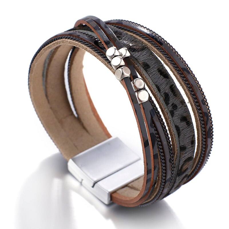 Amorcome luipaard leren armbanden voor dames metalen kralen bohemian brede wikkelarmband dames feest sieraden: Grijs
