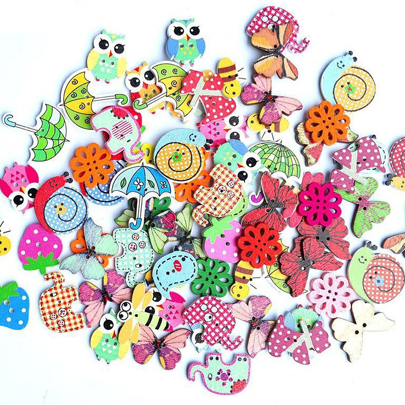 Botones de madera para manualidades, pintura mixta Vintage de 2 agujeros, para Scrapbooking, costura de ropa, suministros de ropa para niños, 50 unids/lote