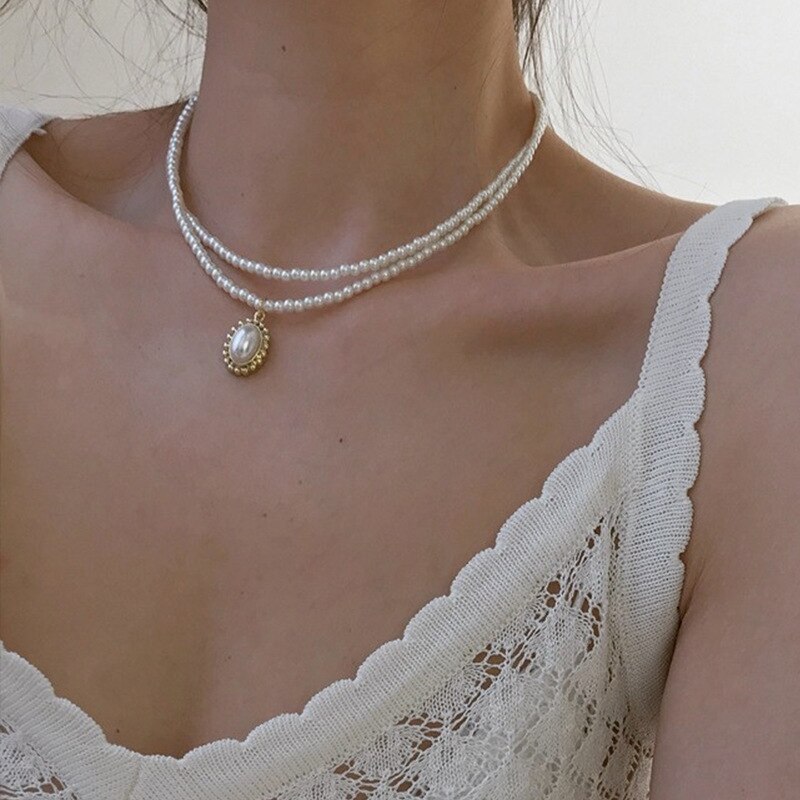 Mode Dubbele Parel Choker Ketting Voor Vrouwen Koreaanse Imitatie Parel Hanger Korte Ketting Trend Choker Sieraden Чокер