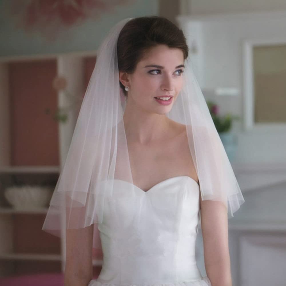 Voile de Mariage court bon marché avec peigne, bord coupé, 2 couches, accessoires de Mariage simples, 2024