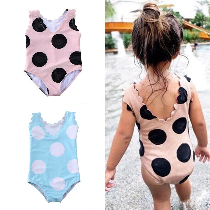 Kids Baby Girls Polka Dot Leotard One-Piece Swimwear Swimsuit Bathing Suit Lacy Big Wave Dot Double-decker