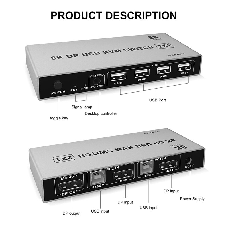Displayport Kvm Switch 2 Port 8K 60Hz Usb En Dp Switcher Voor 2 Computer Delen Toetsenbord Muis Printer monitor Voor Laptop