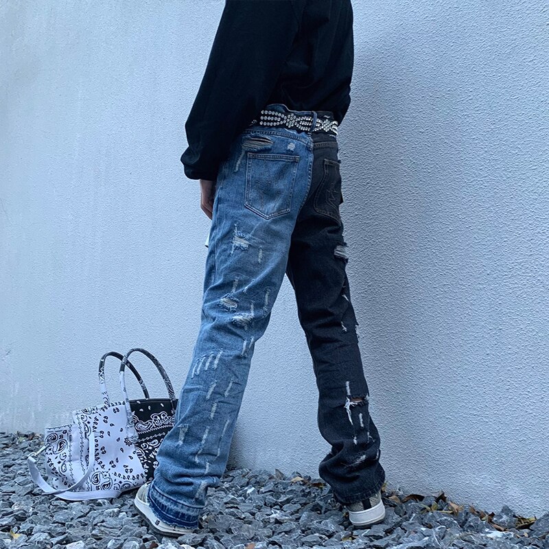 Swag – jean délavé délavé et délavé pour homme, pantalon en Denim évasé, coupe ajustée, style Hip Hop, noir et bleu