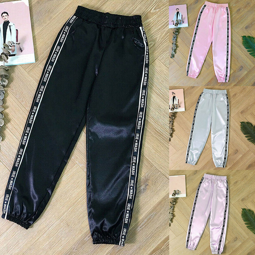 Mode Vrouwen Brief Pocket Elastische Taille Reflecterende Sport Lint Broek Zachte Broek Kalf Lengte Broek Voor Vrouwen Augustus 21