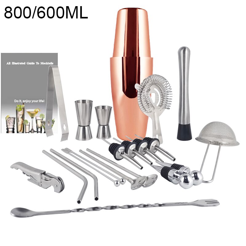 1-22Pcs Boston Cocktail Shaker Bar Gereedschap Wijn Mixer Set Barman Cocktail Shaker Tool Kit Schenker Jigger Warhoofd met Houder: 22RG800600ml No Rack