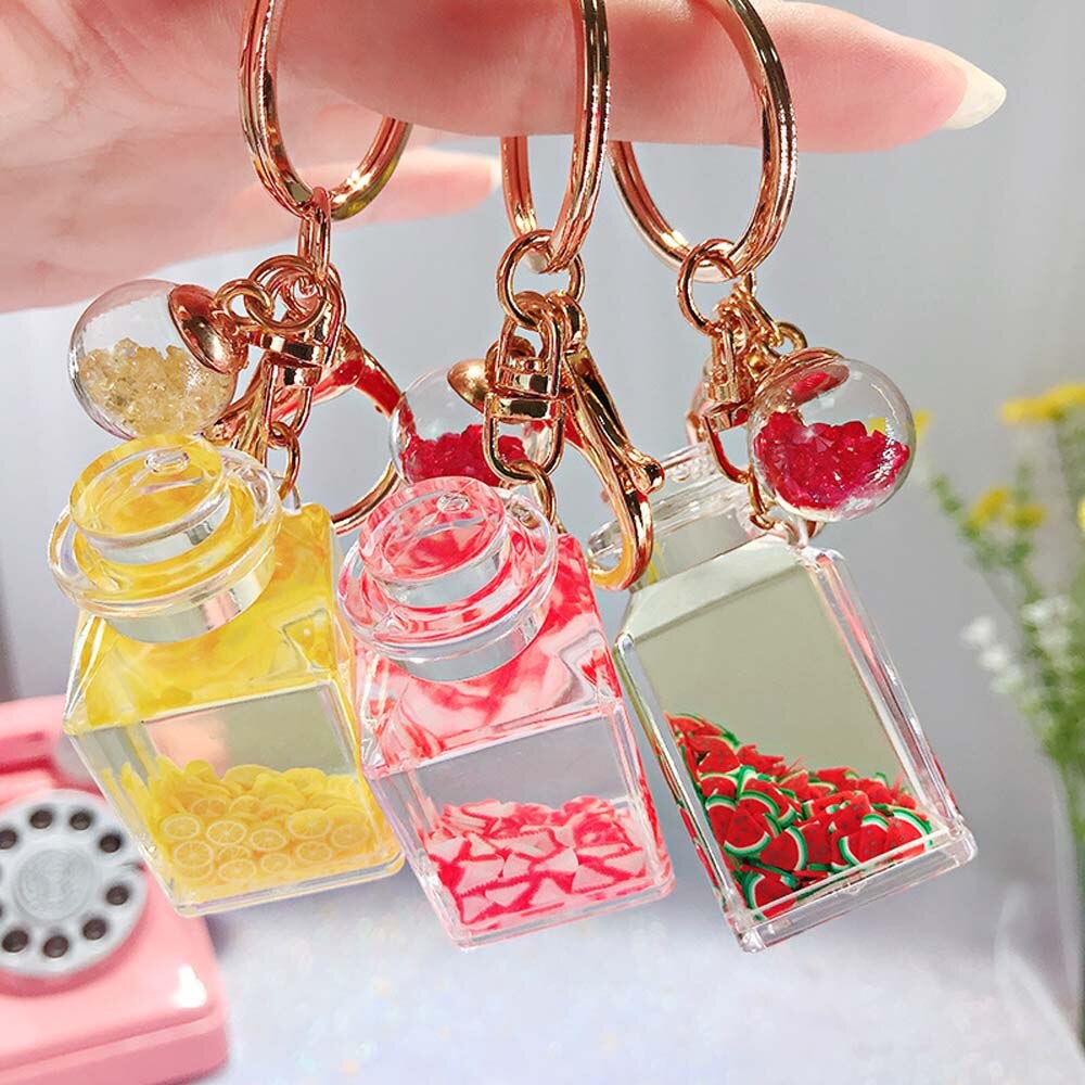 1 pcs Quicksand Bottle Glitter Key Chain Cartoon Liquid Floating Fruit Keychain Keyring Backpack Pendant for Women