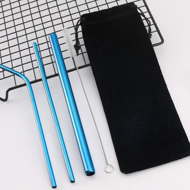 5PCS Reusable Metal Straw Eco Friendly 304 Stainless Steel Straw Cleaning Brush Pink Drinking Straws Bubble Tea Bag Pouch Set: Blue
