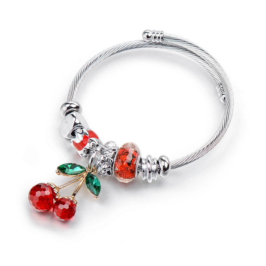 RAVIMOUR Stainless Steel Bracelets & Bangles Big Cherry Crystal Women Bracelet Jewelry Charms Bead DIY: Red