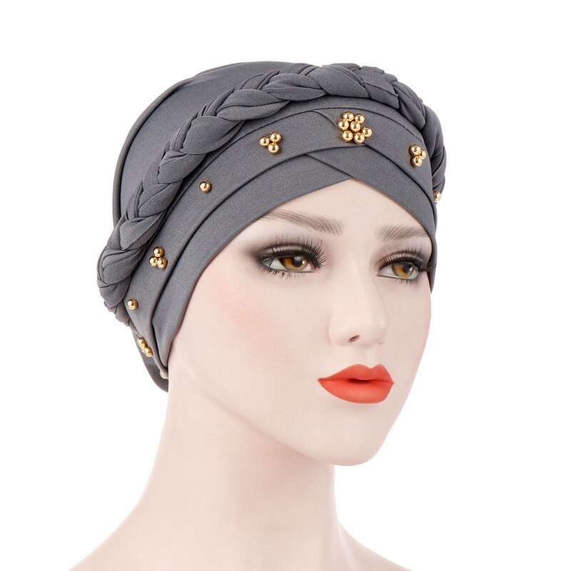 Kvinnor muslimska turban keps enfärgad bandanas pärlstav fläta pärlor dekor hatt: 7
