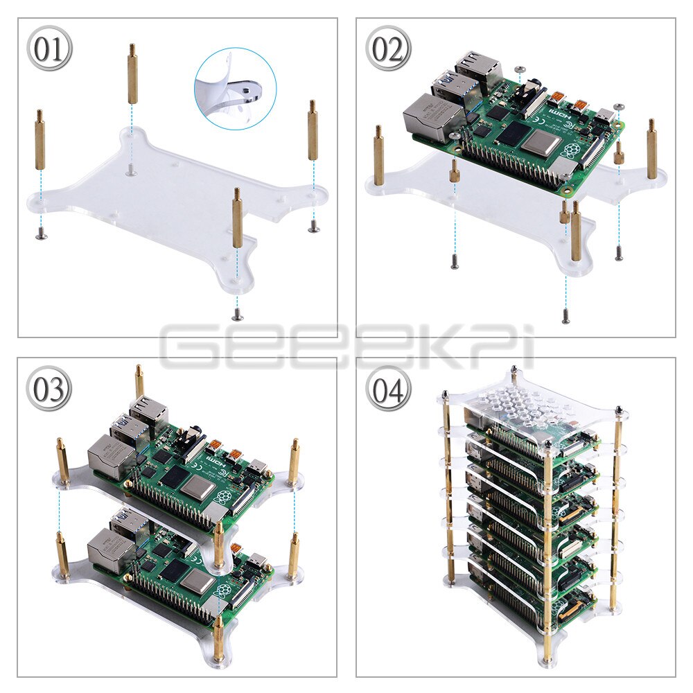 GeeekPi-boîtier en acrylique Transparent à 6 couches, clair/brun foncé, avec dissipateur thermique et tournevis pour Raspberry Pi 4 B / 3B + / 3B / 2B +