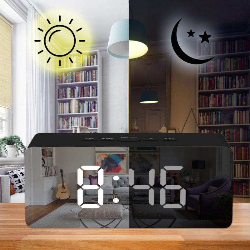 Led Snooze Wekker Spiegel Tijd Geheugen Klok Slaapkamer Met Thermometer Desktop Wekker Slimme Nachtlampje Usb Opladen