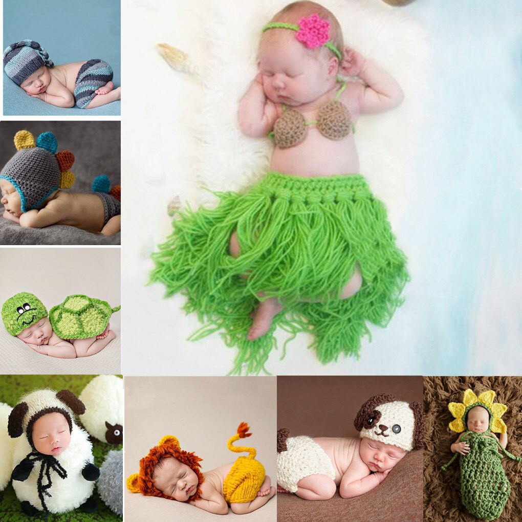 Handgemaakte baby dieren stijl foto prop outfit kleding wol breien haak fotografie hoed stoffen set
