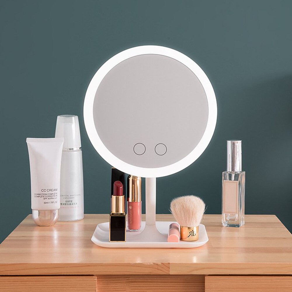 Espejo LED de sobremesa para maquillaje ligero, espejo con luz de relleno, espejo de belleza portátil inteligente con pantalla táctil opcional, brillo, carga USB