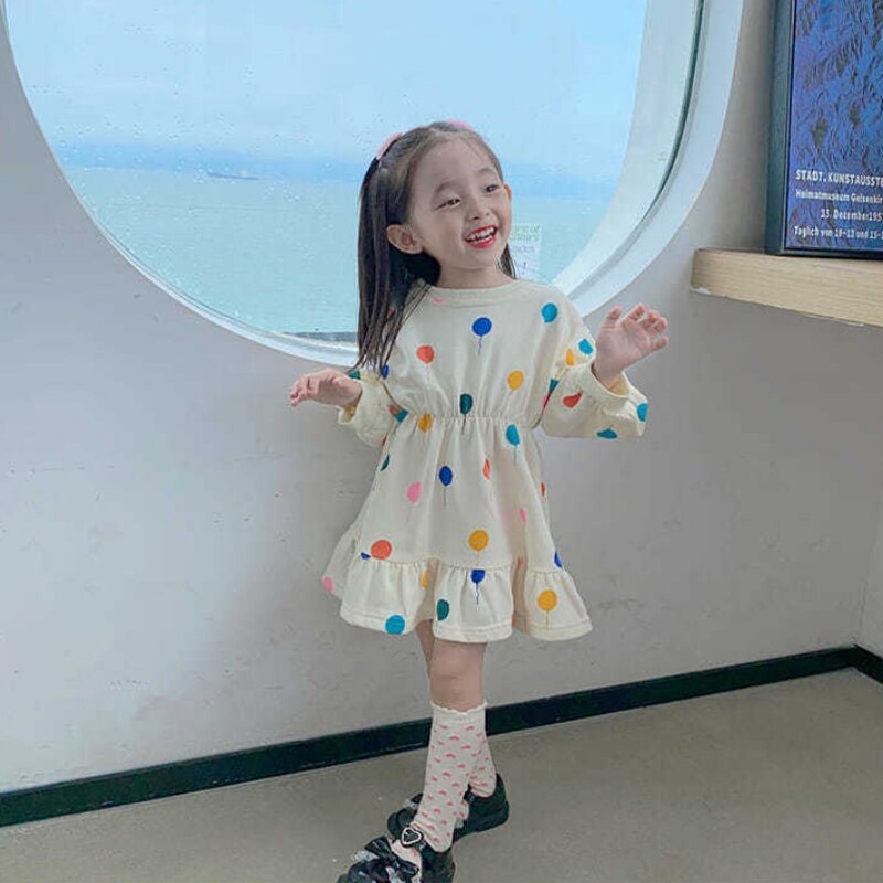 Girl Dot Print Princess Dress Autumn Spring Sweatshirts Long Sleeve Dress Puff Sleeve Cute Casual Dress Kids Children Clothing