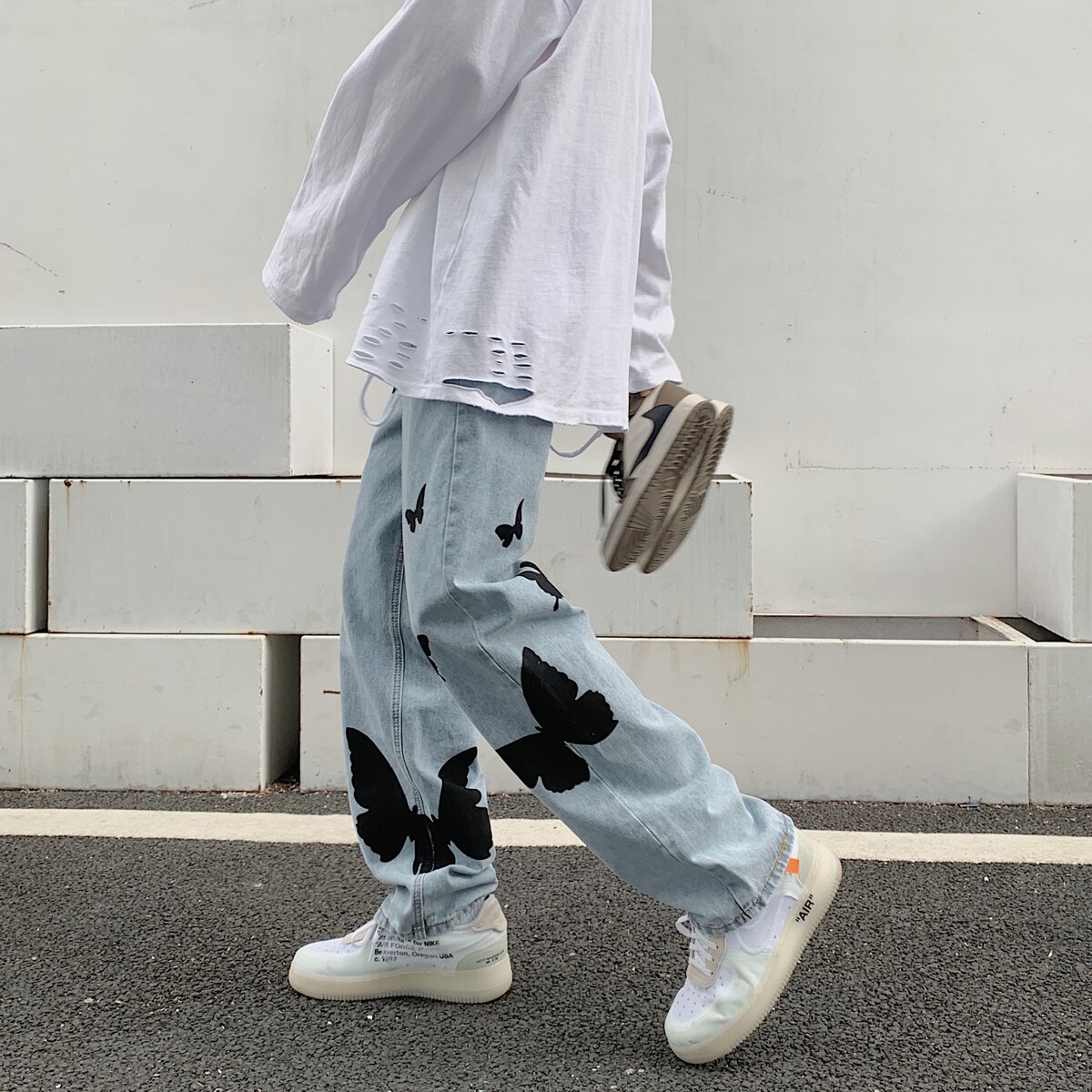 2022 Butterfly Print Jeans Men Pants Loose Baggy Jeans Casual Denim Pants Streetwear Straight Trousers Women Clothing