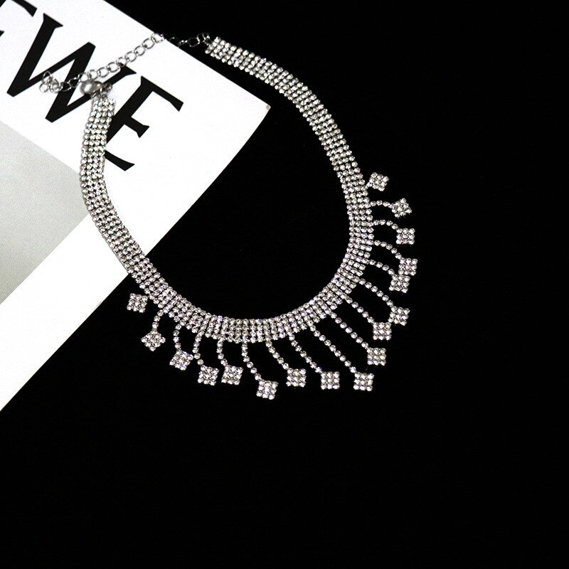 FYUAN Shine Geometric Rhinestones Choker Necklaces for Women Tassel Crystal Necklaces EngagementJewelry Party