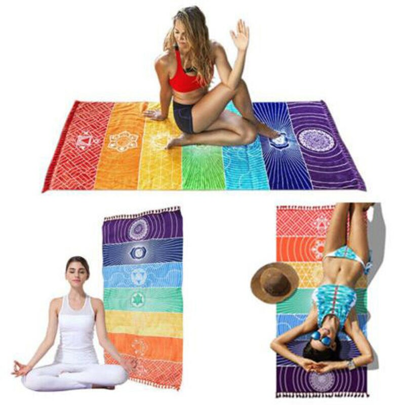 Polyester bohemia vägghängande indien mandala filt 7 chakra färgade gobeläng regnbågsränder resa sommar strand yogamatta