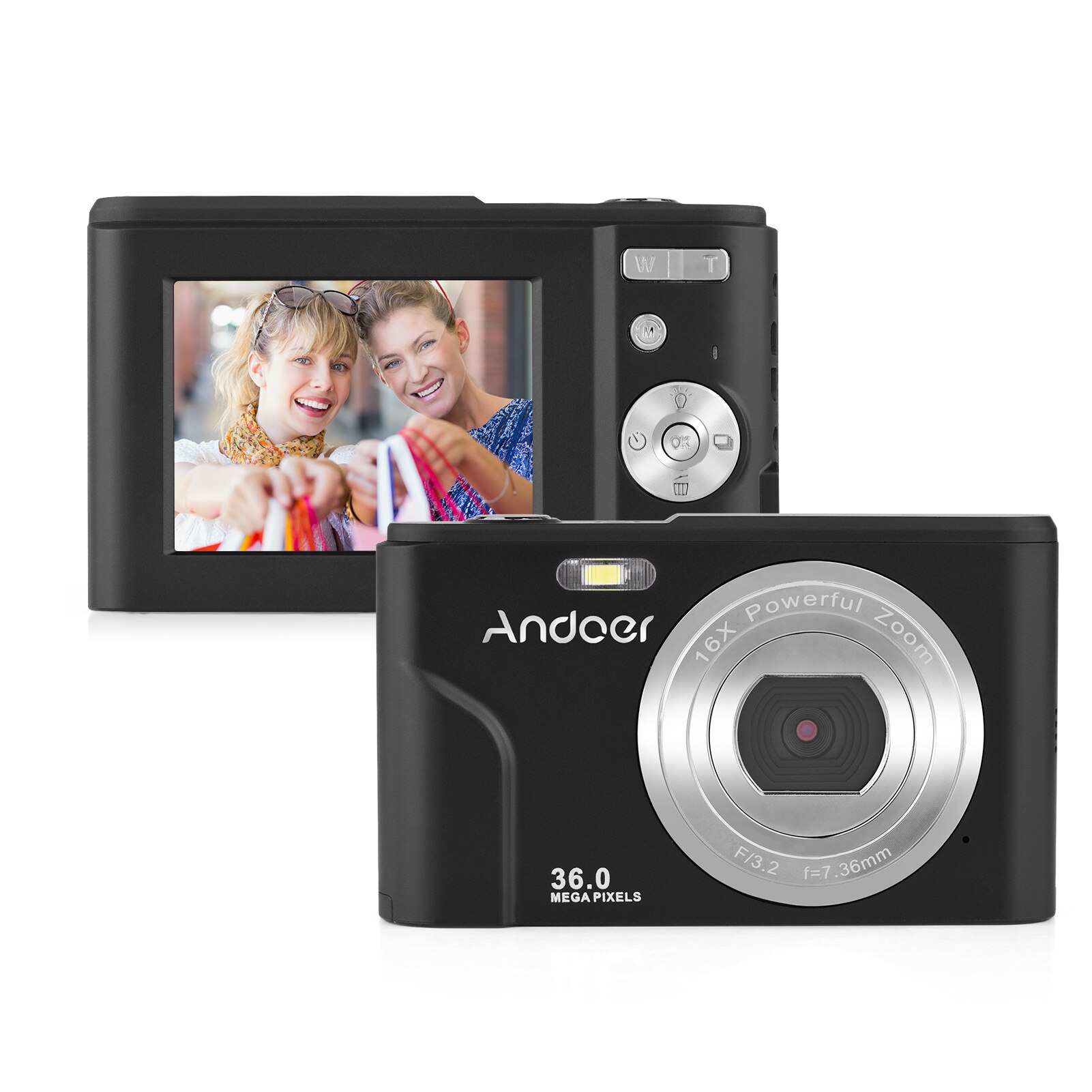 Andoer Digital Camera 36MP 1080P 2.4-inch IPS Screen 16X Zoom Self-Timer Face Detection Anti-shaking Built-in 2PCS Batteries