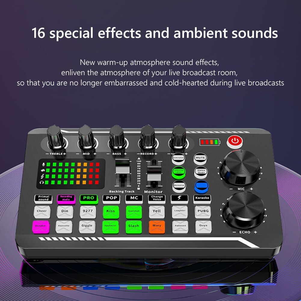 F998 Multi-functional Sound Card 16 Sound Effects Noise Reduction Audio Mixer For Phone PC Computer Studio Record Voice Mixing