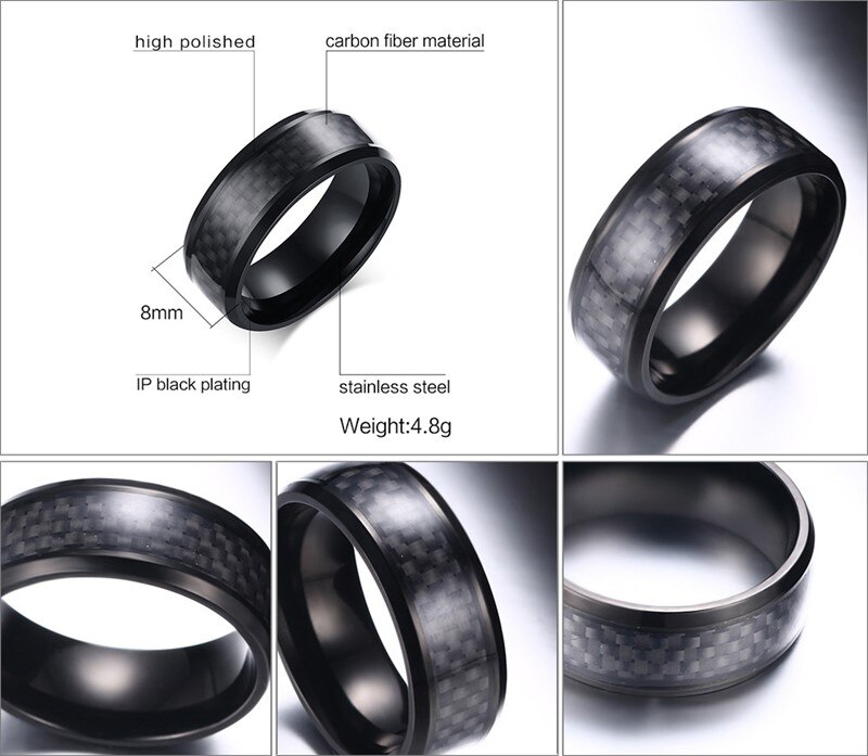 Vnox sort kulfiber punk ring til mænd 8mm rustfrit stål bryllup herre ringe smykker