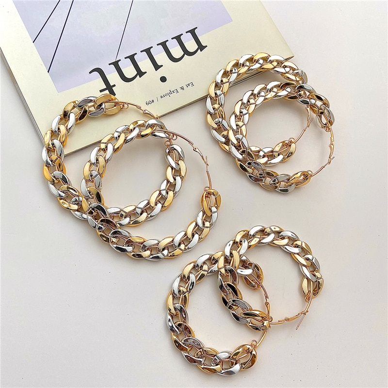 Bohemian Oversize Chain Hoop Earrings For Women Double Gold Silver Color Circle Earrings Luxury Statements