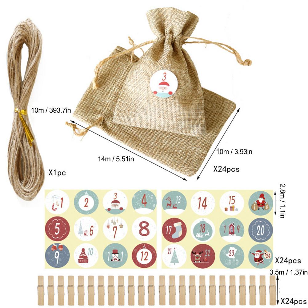 Advent Calendar Bags Set 24 Days Burlap Advent Calendar Drawstring Bags DIY Christmas Embellishments With Clips: White